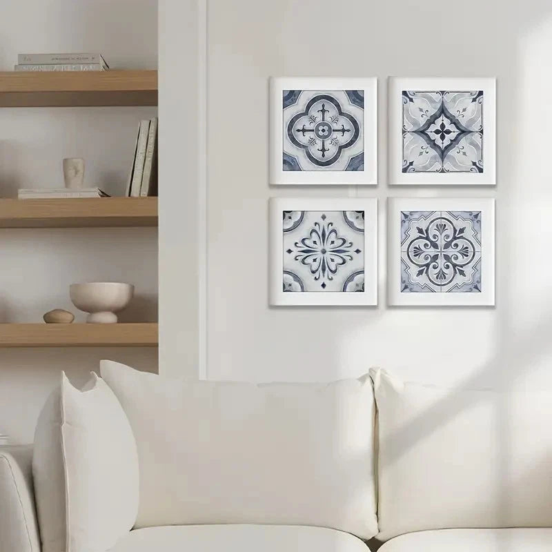 4pcs Blue & White Mediterranean Tile Wall Wall Art Canvas Framed