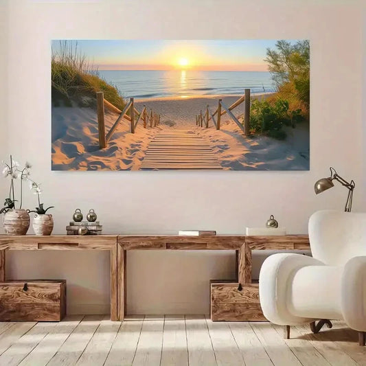 Boardwalk Sunset Coastal Beach Wall Art Canvas Office Home Room Framed 120x60cm