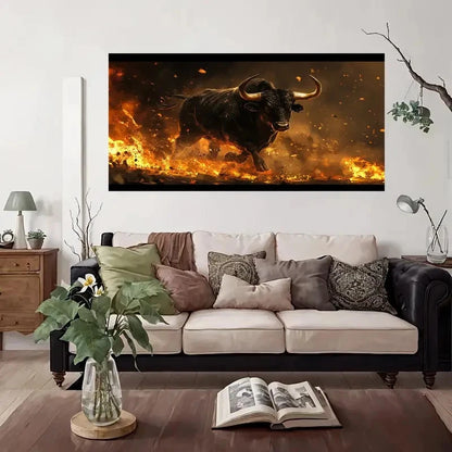 Wild Bull In Flames Dynamic Wall Art Canvas Office Home Room Framed 120x60cm