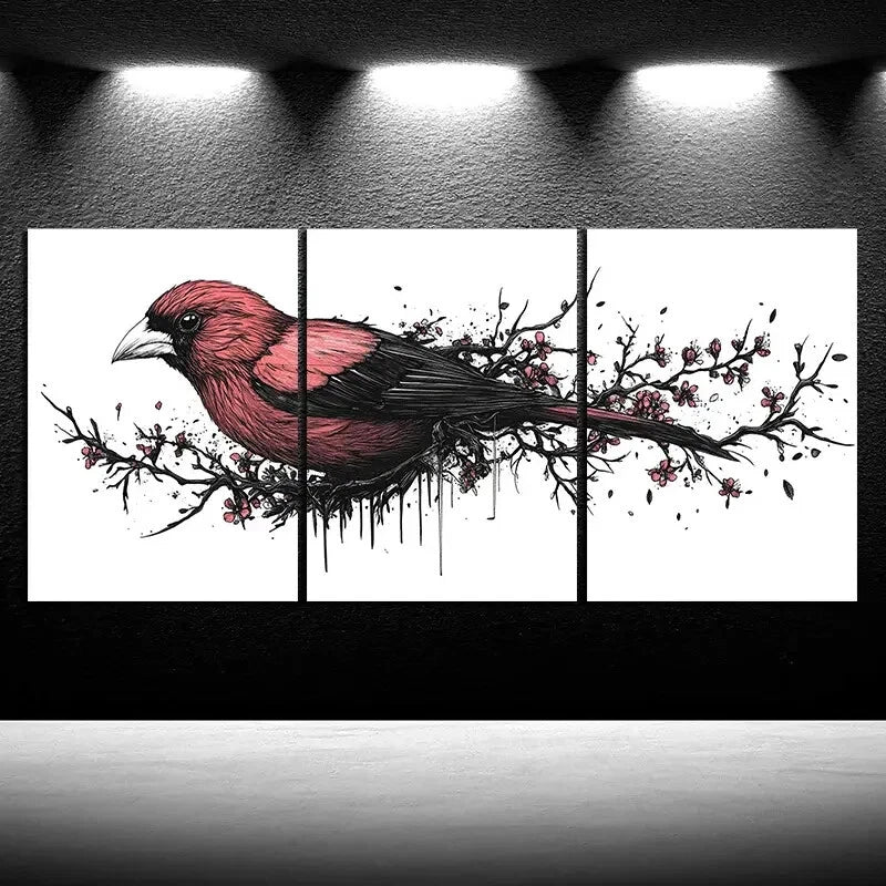 3pcs Red Birds on Plum Blossom Branches Metal Print Ready to Hang Art - Bella Home Decor