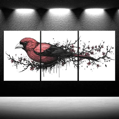 3pcs Red Birds on Plum Blossom Branches Metal Print Ready to Hang Art - Bella Home Decor