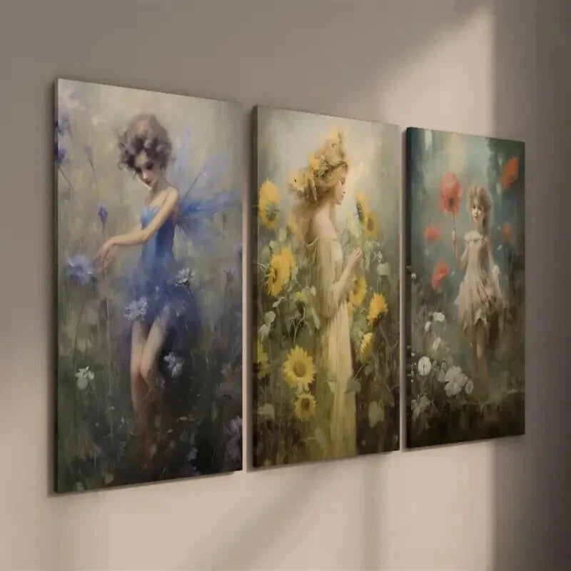 3pcs Meadow Fairy Print Vintage Fairy Mural Wall Art Set Canvas Framed 50x70cm - High Quality Print 100% Australian Made Wall Canvas Ready to Hang