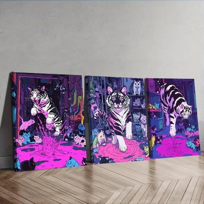 3pcs Featuring a Black And White Tiger Adorned Wall Art Set Canvas Framed 60x90cm - High Quality Print 100% Australian Made Wall Canvas Ready to Hang