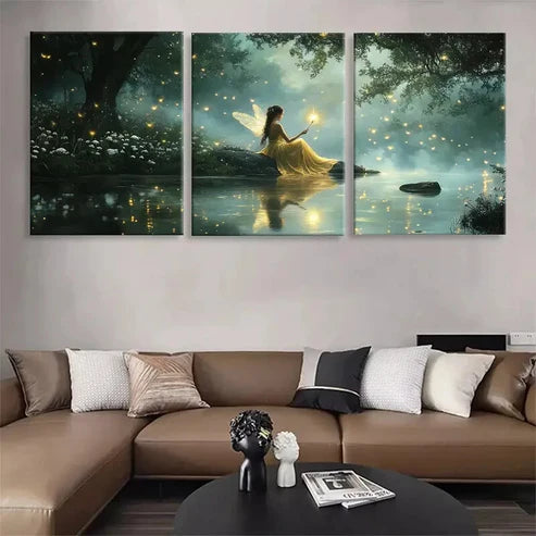 3pcs Fairy in Enchanted Forest Glowing Wall Art Canvas Unframed - High Quality Print 100% Australian Made Wall Canvas