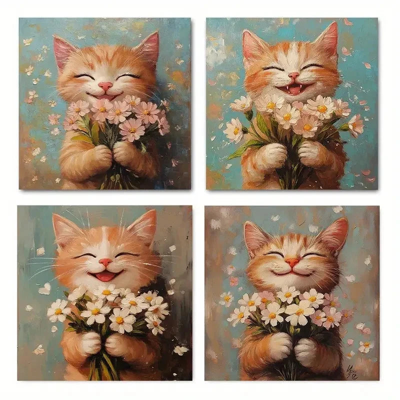 4pcs Adorable Orange Kitten with FlowersWall Art Canvas Framed