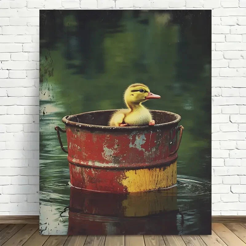 Beautiful Charming Duckling in Rustic Bucket Painting 40x60cm Metal Print Ready to Hang - Bella Home Decor