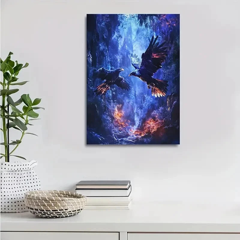 Fantasy Eagles in Neon Jungle Scene Painting 40x60cm Metal Print Ready to Hang - Bella Home Decor