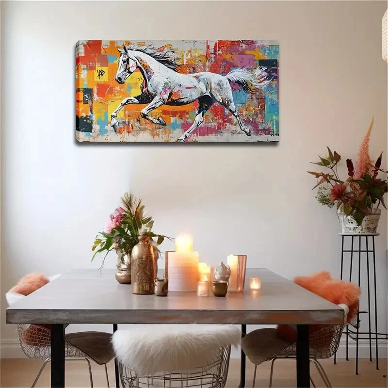 A White Horse Running Brightly Wall Art Canvas Office Home Room Framed 120x60cm - Bella Home Decor