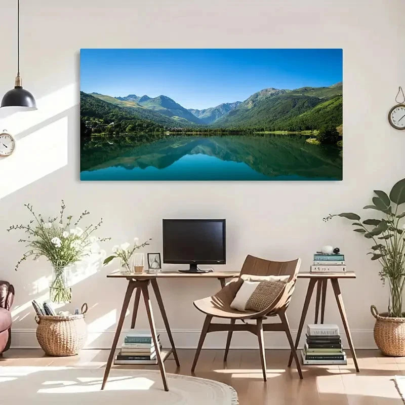 Serene Lake & Green Mountains Wall Art Canvas Office Home Room Framed 120x60cm