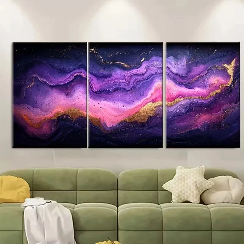 3pcs Purple, Pink and Golden Abstract Wall Art Set Canvas Framed 40x60cm – High Quality Print 100% Australian Made Wall Canvas Ready to Hang