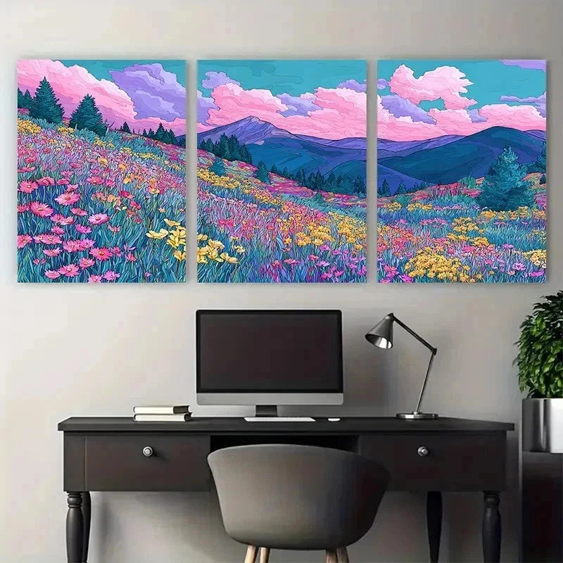 3pcs Mountain Spring Wildflower Land Perfect Wall Art Set Canvas Framed 50x70cm - High Quality Print 100% Australian Made Wall Canvas Ready to Hang