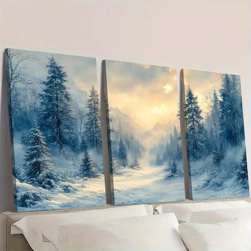 3pcs Snowy Evergreen Trees Misty Landscape Wall Art Set Canvas Framed 50x70cm - High Quality Print 100% Australian Made Wall Canvas Ready to Hang