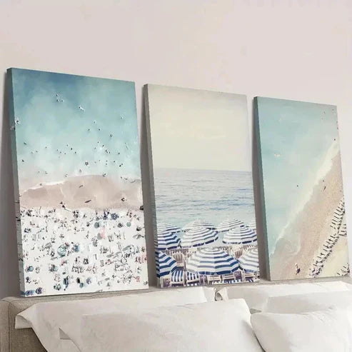 3pcs Blue and White Umbrella & Beach Scene Wall Art Canvas Unframed - High Quality Print 100% Australian Made Wall Canvas - Bella Home Decor