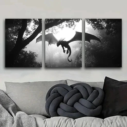 3pcs Dragons in the Sky Dark Fear Danger Wall Art Set Canvas Unframed - High Quality Print 100% Australian Made Wall Canvas - Bella Home Decor