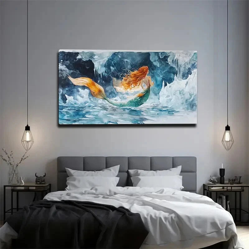 Vibrant Red-Haired Mermaid Wall Art Canvas Office Home Room Framed 120x60cm - Bella Home Decor