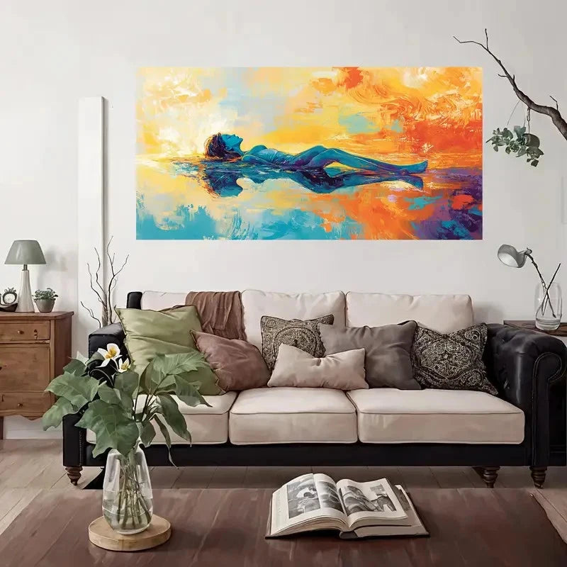 Blue & Golden Floating Woman Wall Art Canvas Office Home Room Framed 120x60cm