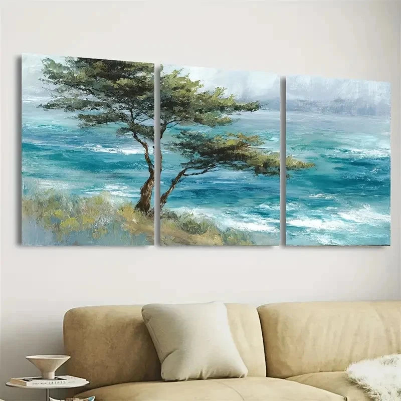 3pcs Coastal Whisper Pine Trees Modern Seascape Wall Art Set Canvas Framed 40x60cm - High Quality Print 100% Australian Made Wall Canvas Ready to Hang - Bella Home Decor