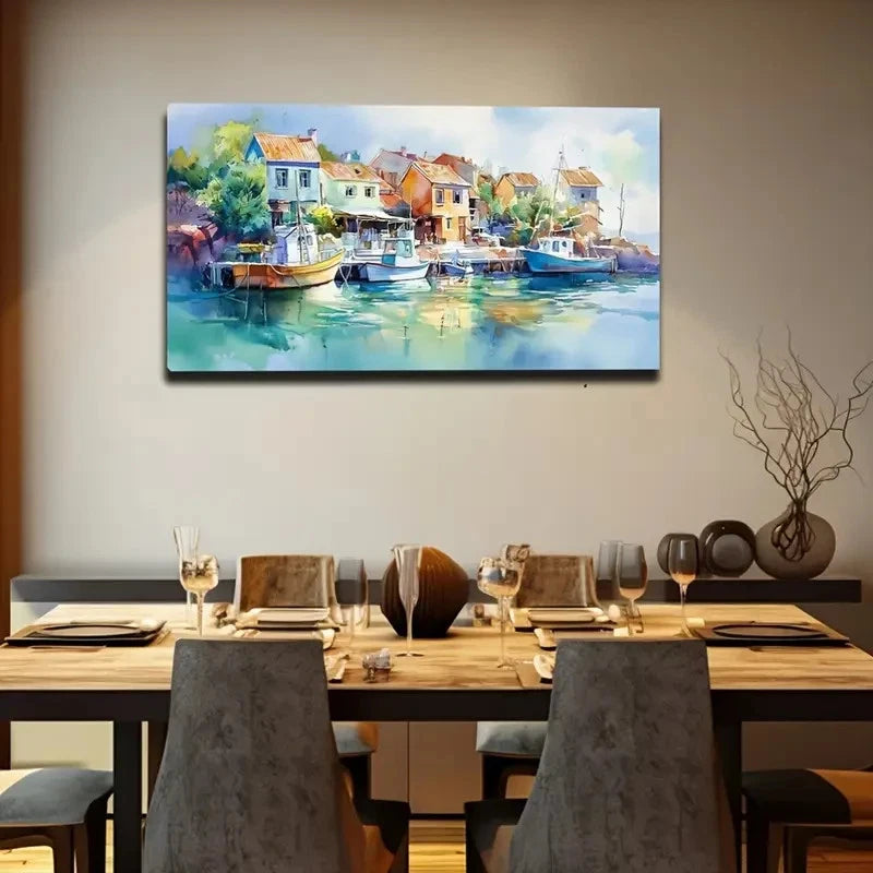 Coastal Town Watercolor Wall Art Canvas Office Home Room Framed 120x60cm