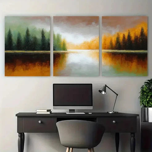3pcs Sunrise Forest Lake Oil Abstract Perfect Wall Art Canvas Unframed - High Quality Print 100% Australian Made Wall Canvas