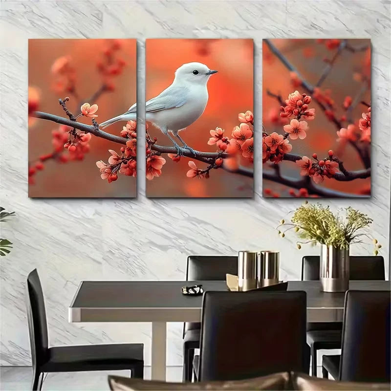 3pcs Ethereal White Bird Cherry Blossom Metal Print Ready to Hang Art