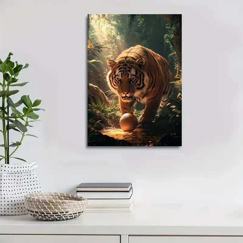 Tiger Playing with Ball in Mystical Jungle Painting 40x60cm Metal Print Ready to Hang - Bella Home Decor