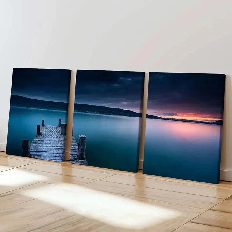 3pcs Sunset Lake & Mountain Pier View Wall Art Set Canvas Framed 50x70cm - High Quality Print 100% Australian Made Wall Canvas Ready to Hang