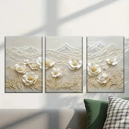 3pcs Abstract White Flowers and Mountains Wall Art Canvas Unframed - High Quality Print 100% Australian Made Wall Canvas - Bella Home Decor