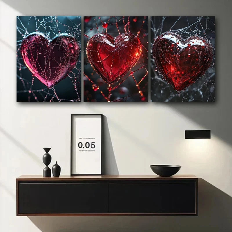 3pcs Shattered Glass Heart Design in Red & Pink Metal Print Ready to Hang Art