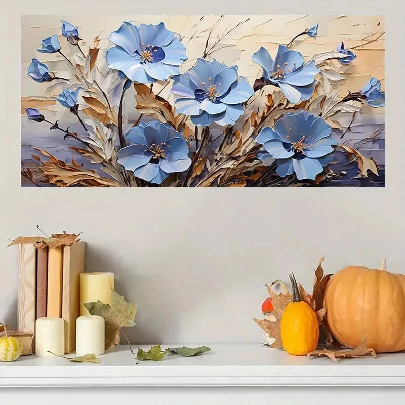 Blue Wildflower Modern Rustic Wall Art Canvas Office Home Room Framed 120x60cm