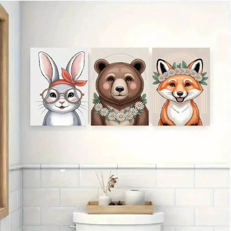 3pcs Rabbit Glasses, Bear Flowers, Fox Forest  Wall Art Set Canvas Framed 50x70cm - High Quality Print 100% Australian Made Wall Canvas Ready to Hang - Bella Home Decor