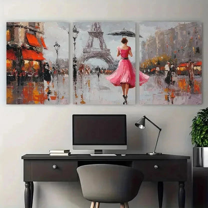3pcs Elegant Lady In Paris Street Pink Perfect Wall Art Set Canvas Framed 50x70cm - High Quality Print 100% Australian Made Wall Canvas Ready to Hang