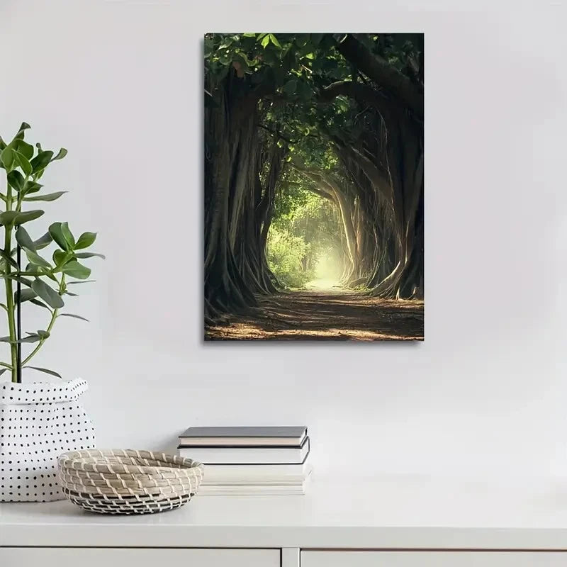 Lush Banyan Forest Pathway with Sunlit Canopy Painting 40x60cm Metal Print Ready to Hang - Bella Home Decor