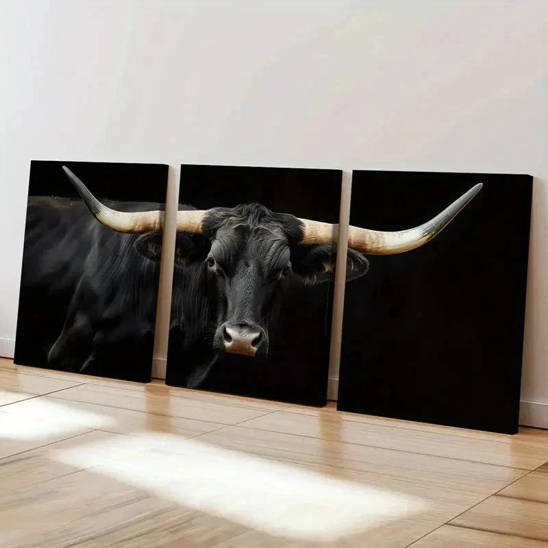 3pcs Black Bull with Long Horns Design Wall Art Set Canvas Framed 40x60cm - High Quality Print 100% Australian Made Wall Canvas Ready to Hang - Bella Home Decor