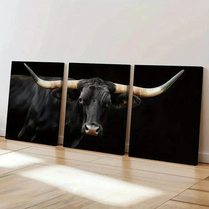 3pcs Black Bull with Long Horns Design Wall Art Set Canvas Framed 40x60cm - High Quality Print 100% Australian Made Wall Canvas Ready to Hang - Bella Home Decor