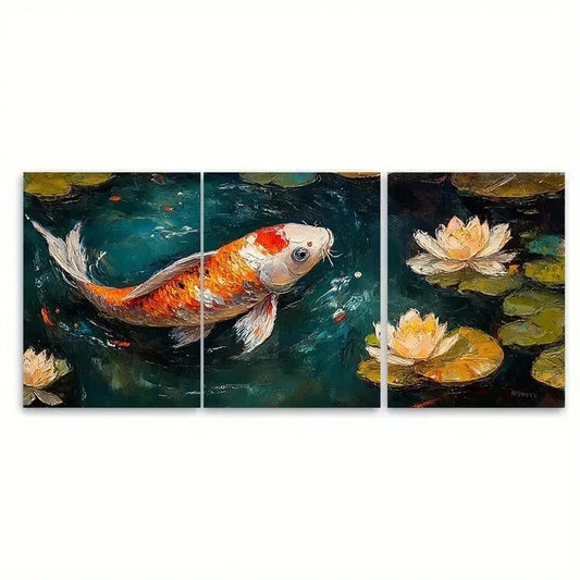 3pcs One Koi Fish T Wall Art Set Canvas Framed 60x90cm - High Quality Print 100% Australian Made Wall Canvas Ready to Hang