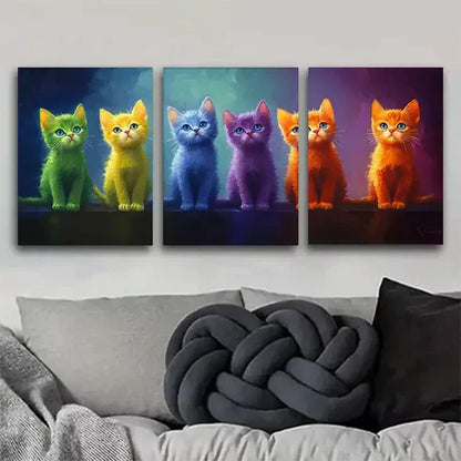 3pcs Cute Rainbow Kitten with big bright eyes Wall Art Set Canvas Framed 60x90cm - High Quality Print 100% Australian Made Wall Canvas Ready to Hang