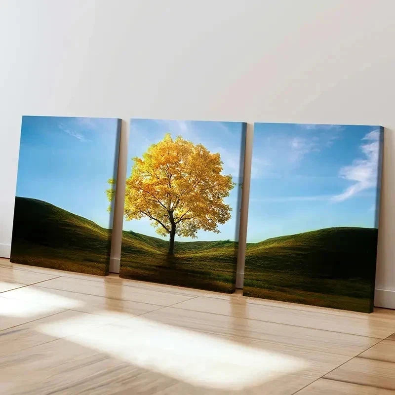 3pcs Golden Trees In The Valley Modern Wall Art Set Canvas Framed 60x90cm - High Quality Print 100% Australian Made Wall Canvas Ready to Hang - Bella Home Decor