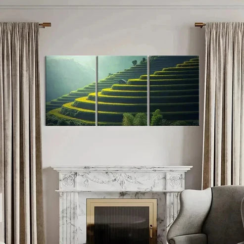 3pcs Green Geometric Terraced Fields Wall Art Canvas Unframed - High Quality Print 100% Australian Made Wall Canvas