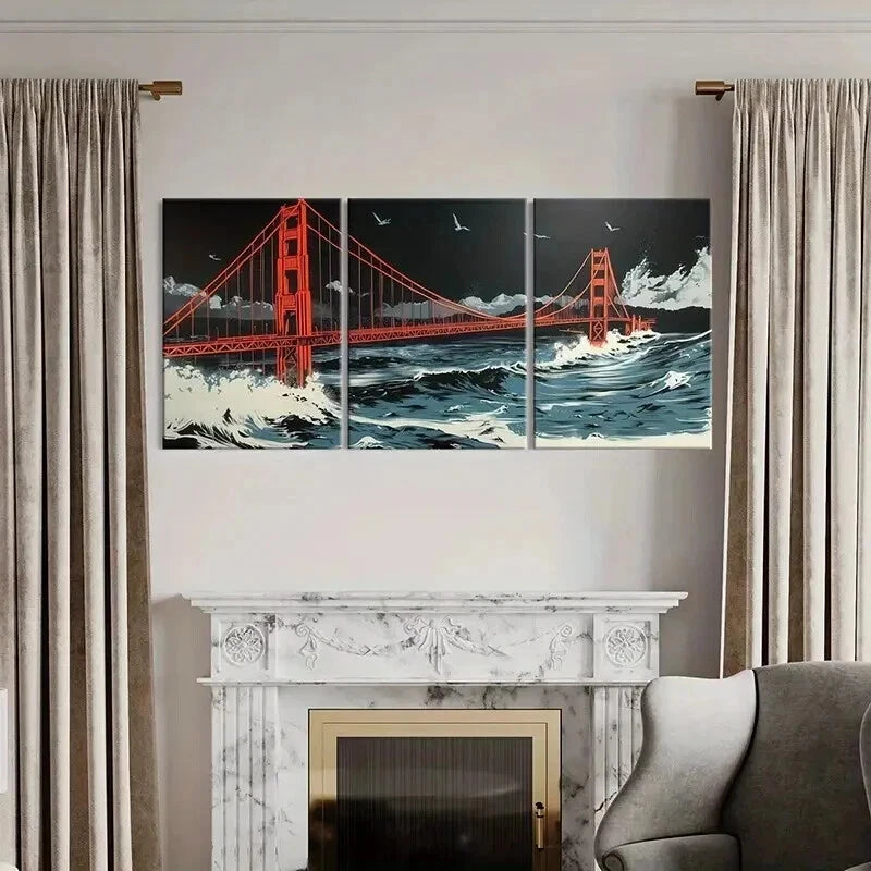 3pcs Golden Gate Bridge Stormy Sea Night Sky Wall Art Set Canvas Framed 60x90cm - High Quality Print 100% Australian Made Wall Canvas Ready to Hang - Bella Home Decor