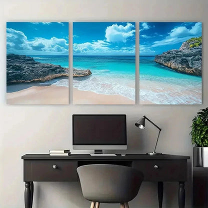 3pcs Bermuda Beach Sandy Shores & Clear Perfect Wall Art Set Canvas Framed 50x70cm - High Quality Print 100% Australian Made Wall Canvas Ready to Hang - Bella Home Decor