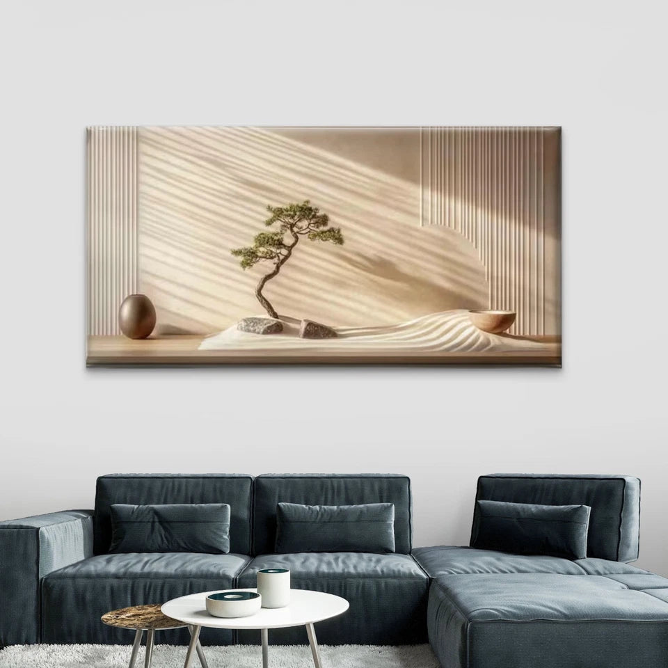 Bonsai in a Zen Sand Garden Wall Art Canvas Office Home Room Framed 120x60cm