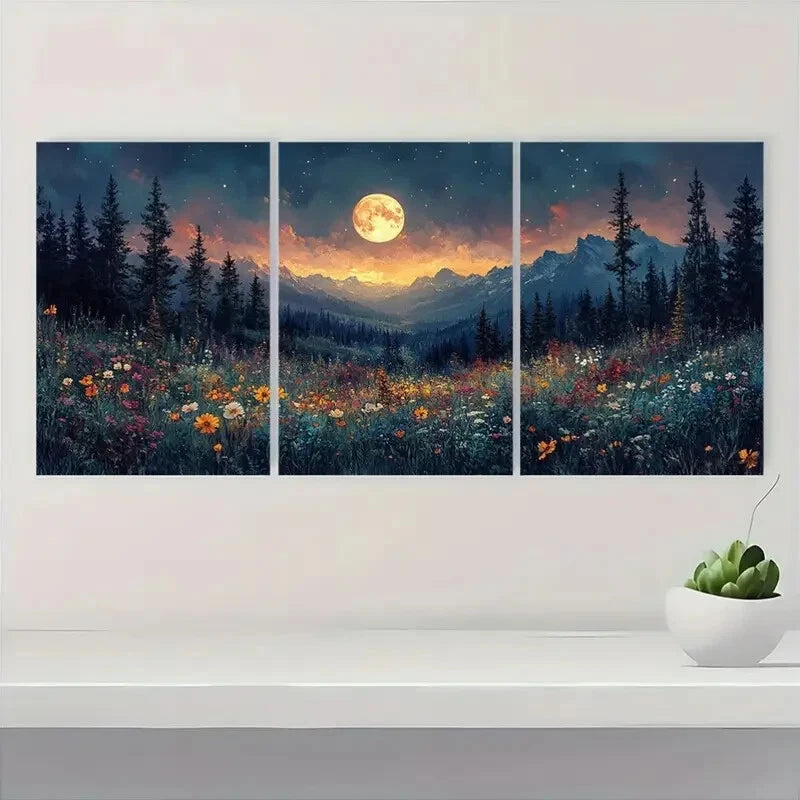 3pcs Moonlit Forest Wildflowers with Pine Metal Print Ready to Hang Art - Bella Home Decor