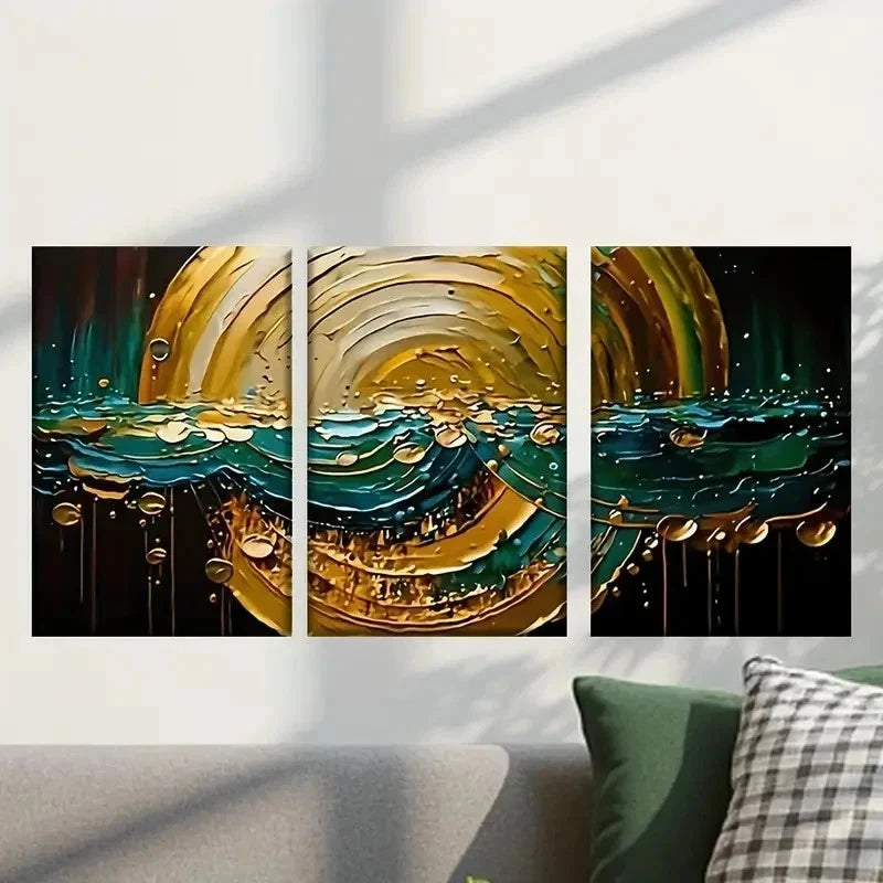3pcs Painting of a Golden And Blue Wave Wall Art Set Canvas Framed 50x70cm - High Quality Print 100% Australian Made Wall Canvas Ready to Hang