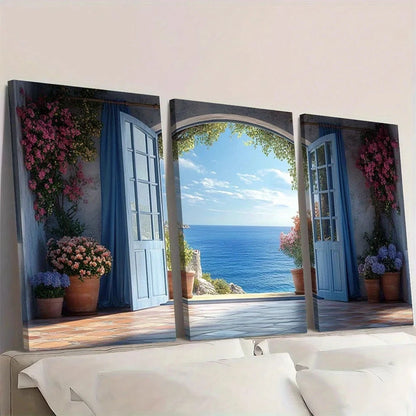 Triptych wall art depicting a scenic view of the ocean with open doors and flowers.