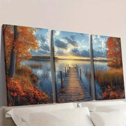 3pcs Lake Sunset Scene with Wooden Pier Wall Art Set Canvas Framed 40x60cm - High Quality Print 100% Australian Made Wall Canvas Ready to Hang - Bella Home Decor
