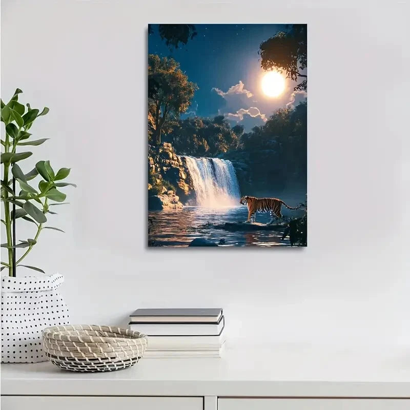 Tiger Waterfall At Sunset Hyper Realistic Painting 40x60cm Metal Print Ready to Hang - Bella Home Decor
