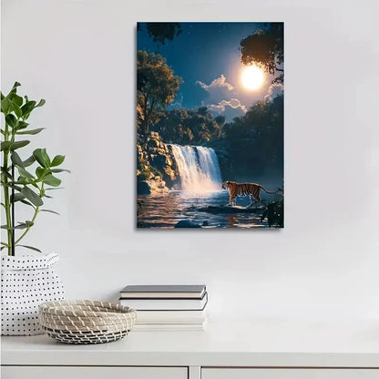 Tiger Waterfall At Sunset Hyper Realistic Painting 40x60cm Metal Print Ready to Hang - Bella Home Decor