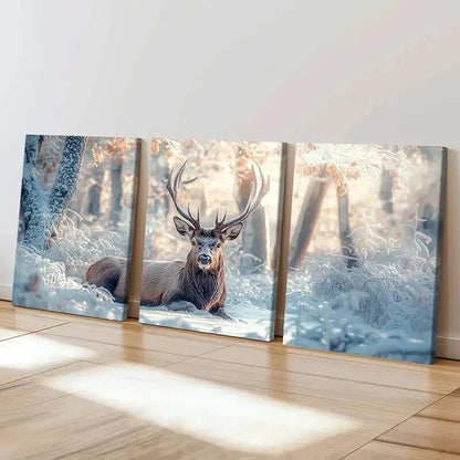 3pcs Buck Deer Stag with Snow Painting Wall Art Set Canvas Framed 60x90cm - High Quality Print 100% Australian Made Wall Canvas Ready to Hang - Bella Home Decor