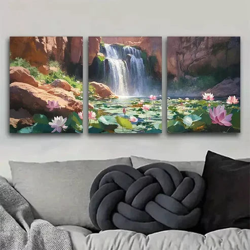 3 PCS Natural Waterfall And Lotus Landscape Wall Art Set Canvas Unframed - High Quality Print 100% Australian Made Wall Canvas