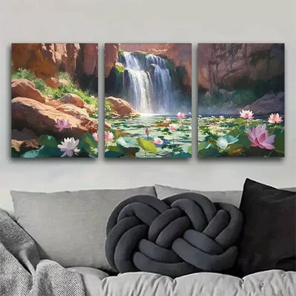 3 PCS Natural Waterfall And Lotus Landscape Wall Art Set Canvas Unframed - High Quality Print 100% Australian Made Wall Canvas